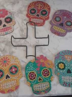 Rhinestone Sugar Skull Coasters - Colorful Day of the Dead Set